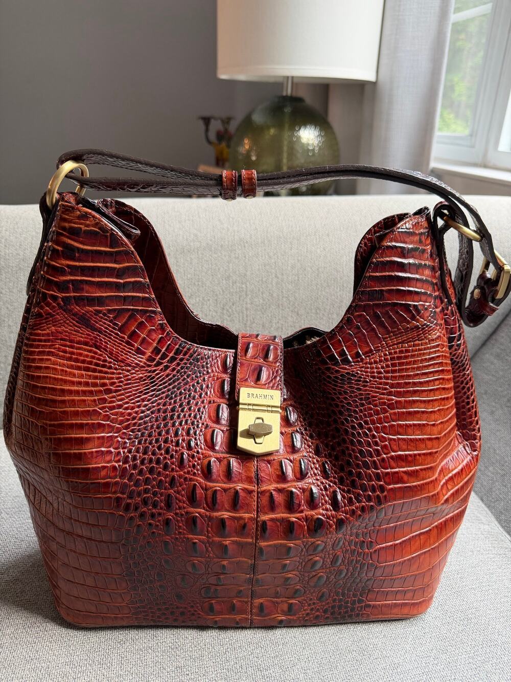 Brahmin Rhoda Pecan Croc-Embossed Genuine Leather Hobo Shoulder Bag